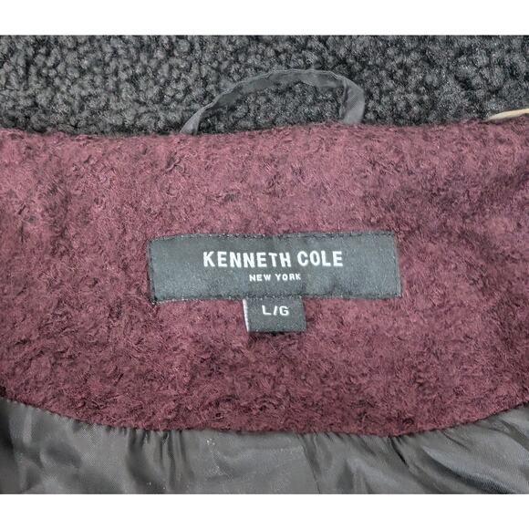 Kenneth Cole Boucle Wool Blend Hooded 3/4 Coat Burgundy Cinch Waist Size L - Picture 8 of 10